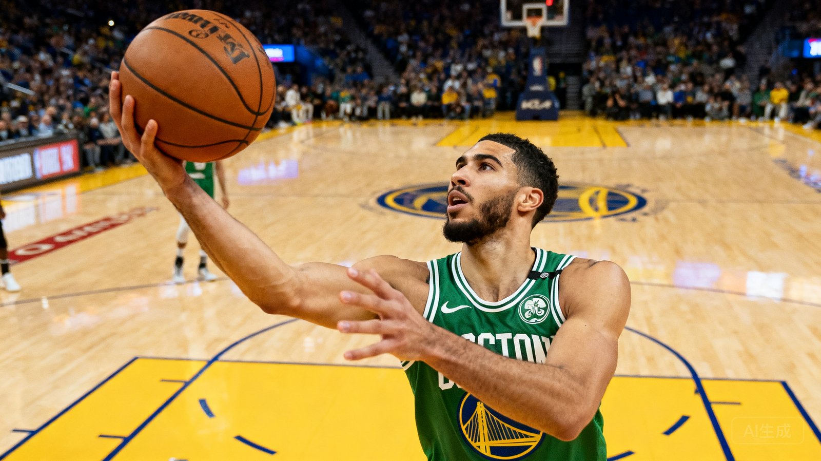 NBA常规赛凯尔特人对阵勇士，塔图姆在三分线外出手投篮